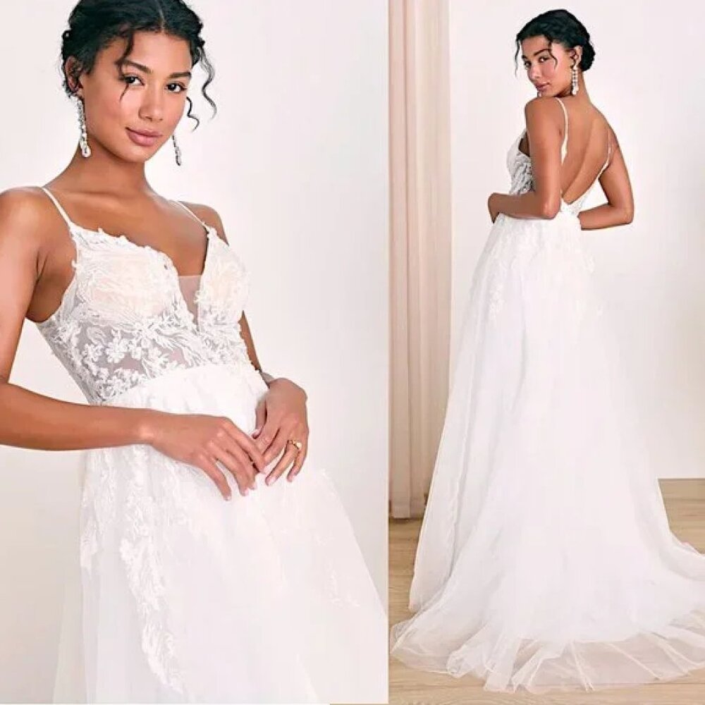 Lulu's Fantasize About Forever White Tulle Lace Beaded Wedding Dress NWT - Picture 2 of 9